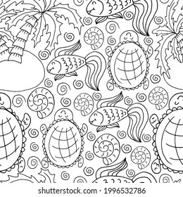 Vector Seamless pattern in hand draw style. Liner illustration. Pattern, background. Palm trees, fish, turtles