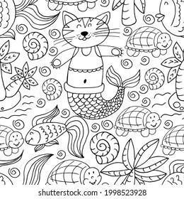 Vector Seamless pattern in hand draw style. Liner illustration. Pattern, background. Mermaid cat, seashells, palms