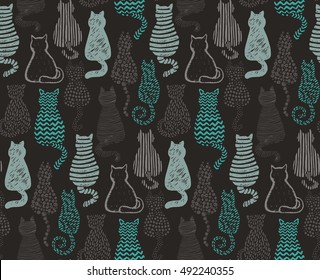 Vector seamless pattern with hand draw textured cats in graphic doodle style. Beautiful endless background.