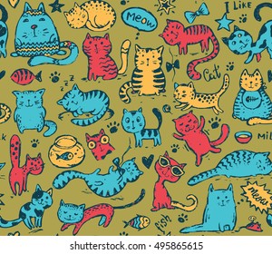 Vector seamless pattern with hand draw funny cats in sketch style. Endless background for print, textile, scrapbook