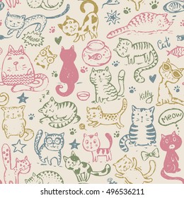 Vector seamless pattern with hand draw funny cats in sketch style. Endless background for print, textile, scrapbook.