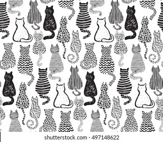 Vector seamless pattern with hand draw textured cats in graphic doodle style. Black and white endless background.