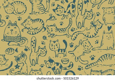 Vector seamless pattern with hand draw funny cats in sketch style. Endless background for print, textile, scrapbook.