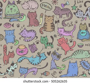 Vector seamless pattern with hand draw funny cats in sketch style. Endless background for print, textile, scrapbook.