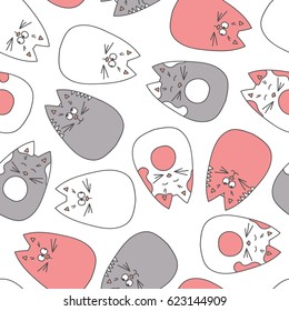Vector seamless pattern with hand draw cats in doodle style. Grey and pink colored endless background. Childish pattern