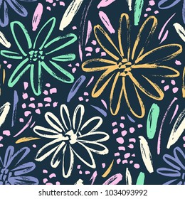 Vector seamless pattern with hand drawing wild plants, herbs and flowers, colorful botanical illustration, floral elements, hand drawn repeatable background. Artistic backdrop.