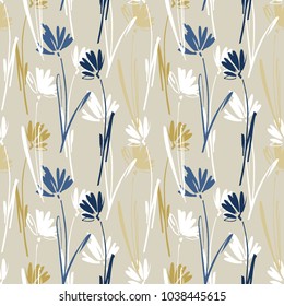 Vector seamless pattern with hand drawing wild plants, herbs and flowers, colorful botanical illustration, floral elements, hand drawn repeatable background. Artistic backdrop.