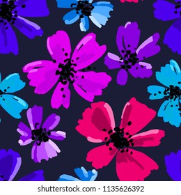 Vector seamless pattern with hand drawing wild flowers, colorful botanical illustration, floral elements, hand drawn repeatable background. Artistic backdrop.