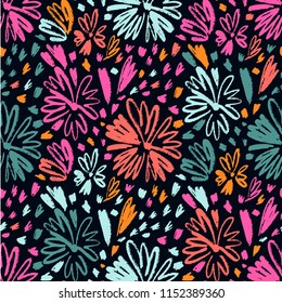 Vector seamless pattern with hand drawing wild plants, herbs and flowers, colorful botanical illustration, floral elements, hand drawn repeatable background. Artistic backdrop.