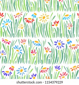 Vector seamless pattern with hand drawing daisies and grass, colorful artistic botanical illustration, isolated floral elements, hand drawn repeatable illustration