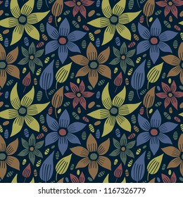 Vector seamless pattern with hand drawing wild flowers, colorful botanical illustration, floral elements, hand drawn repeatable background. Artistic backdrop.