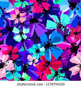Vector seamless pattern with hand drawing wild flowers, colorful botanical illustration, floral elements, hand drawn repeatable background. Artistic backdrop.