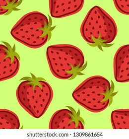 Vector seamless pattern with hand drawing strawberries on light green background. Perfect for wrapping paper or textile.
