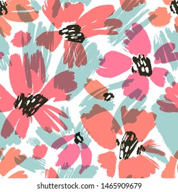 Vector seamless pattern with hand drawing wild flowers, colorful botanical illustration, floral elements, hand drawn repeatable background. Artistic backdrop.