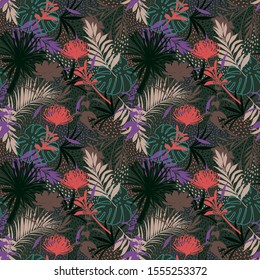 Vector seamless pattern with hand drawing silhouette botanical wild plants, leaves and flowers, colorful botanical illustration, vector elements, hand drawn style design for all pints