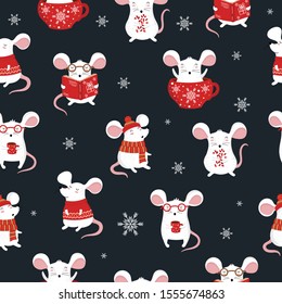 Vector seamless pattern with hand drawing cute winter rats in cozy clothes. Creative background with funny mice for New 2020 Year. Symbol the Chinese calendar. Doodle illustration. Winter holidays