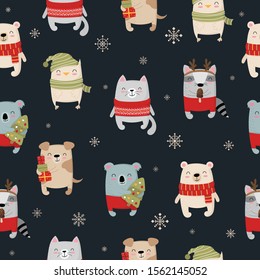 Vector seamless pattern with hand drawing cute winter animals and snowflakes. Creative background for New 2020 Year. Cartoon doodle isolated illustration. Winter holidays