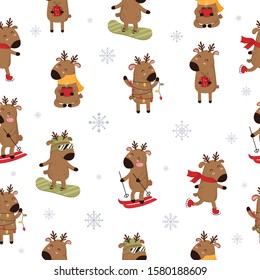 Vector seamless pattern with hand drawing cute deer. Creative background for New Year and Christmas with reindeer. Cartoon doodle isolated illustration. Winter holidays