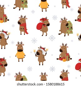 Vector seamless pattern with hand drawing cute deer. Creative background for New Year and Christmas with reindeer. Cartoon doodle isolated illustration. Winter holidays