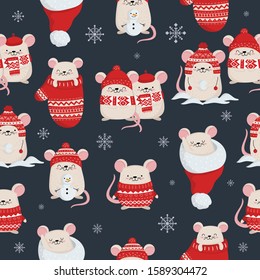 Vector seamless pattern with hand drawing cute winter rats in cozy clothes. Creative background with funny mice for New 2020 Year. Symbol the Chinese calendar. Doodle illustration. Winter holidays.