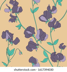 Vector Seamless Pattern With Hand Drawing Sweat Pea Flower, Colorful Botanical Illustration, Floral Elements, Hand Drawn Repeatable Background. Artistic Backdrop.