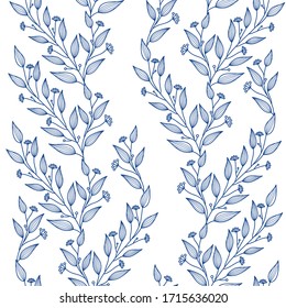 Vector seamless pattern with hand drawing leaves, botanical illustration, blue and white floral elements for ceramics, textile, wallpaper, hand drawn repeatable background. Artistic backdrop