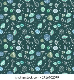 Vector seamless pattern with hand drawing wild plants, herbs and flowers, colorful botanical illustration, floral elements, hand drawn repeatable background. Artistic backdrop.