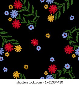 Vector seamless pattern with hand drawing flowers, colourful botanical illustration, floral elements, hand drawn repeatable background. Artistic backdrop. Embroidery flowers all over print.