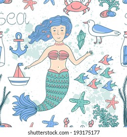 Vector seamless pattern with hand drawing cute mermaid and sea elements:anchor, bottle with letter, shell, boat, crab, weed, starfishes, school of fish. Texture with cartoon characters and splashes.