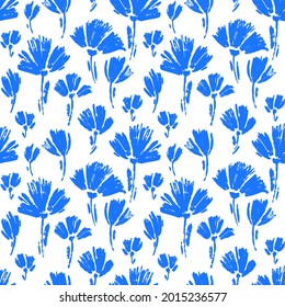 Vector seamless pattern with hand drawing wild flowers, colorful botanical illustration, floral elements, hand drawn repeatable background. Artistic backdrop with blue cornflowers.