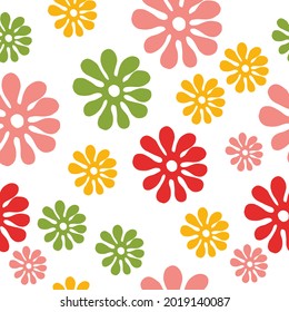 Vector seamless pattern with hand drawing wild plants, herbs and flowers, colorful doodle illustrations, floral elements, hand drawn repeatable background. Red, yellow, green. Artistic background.