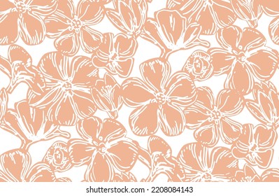 Vector seamless pattern with hand drawing wild flowers, colorful botanical illustration, floral elements, hand drawn repeatable background. Artistic peach and white monochrome backdrop