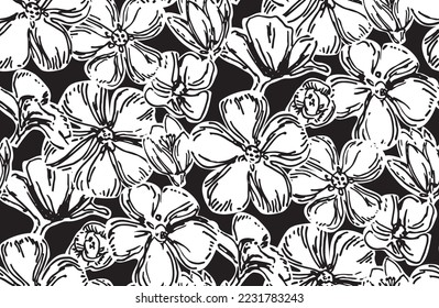 Vector seamless pattern with hand drawing wild flowers, colorful botanical illustration, floral elements, hand drawn repeatable background. Artistic black and white monochrome backdrop - Shutterstock ID 2231783243