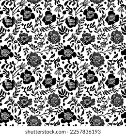 Vector seamless pattern with hand drawing wild  flowers, botanical illustration, floral elements, hand drawn repeatable background. 