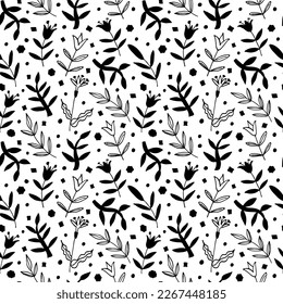 Vector seamless pattern with hand drawing beautiful wild  flowers and exotic leaves, botanical illustration, floral elements, hand drawn repeatable background. Abstract black geometric flowers.