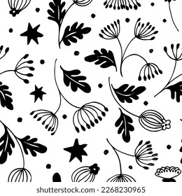 Vector seamless pattern with hand drawing beautiful wild  flowers and exotic leaves, botanical illustration, floral elements, hand drawn repeatable background. Abstract black geometric flowers.