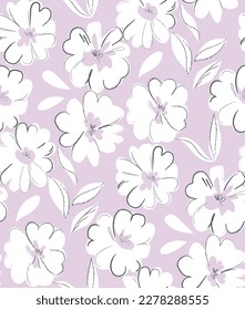 Vector seamless pattern with hand drawing wild flowers, colorful botanical illustration, floral elements, hand drawn repeatable background. Artistic violet  pink black and white backdrop