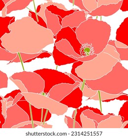 Vector seamless pattern with hand drawing wild red flowers, colorful botanical illustration, floral elements, hand drawn repeatable background. Artistic backdrop.