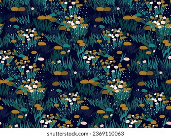Vector seamless pattern with hand drawing flowers,  herbs colorful botanical illustration, floral elements, hand drawn repeatable background. Mesmerizing mystical Ditsy floral print on a dark 