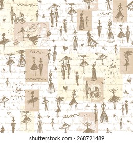 Vector seamless pattern with hand drawing human's figures and other elements in vintage style.