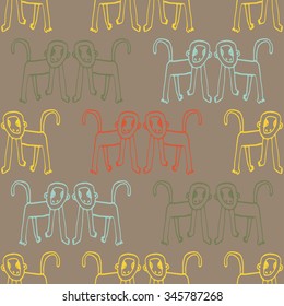 Vector seamless pattern with hand drawing funny monkeys. Symbol of new year. Funny animals for holidays design and wrapping paper.