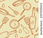Vector seamless pattern with hand drawn frying kitchen art elements set. Oil bottles, drops, pans, spatulas for stirring food. Decorative icons for cafe menu design, culinary website, banner layout.
