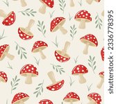 Vector Seamless Pattern with Hand Drawn Cartoon Flat Mushrooms on White Background. Amanita Muscaria, Fly Agaric Illustration, Mushrooms Collection. Magic Mushroom Symbol, Design Template
