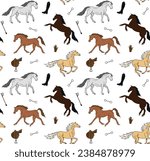 Vector seamless pattern of hand drawn sketch doodle colored horses isolated on white background