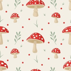 Vector Seamless Pattern With Hand Drawn Cartoon Flat Mushrooms On White Background. Amanita Muscaria, Fly Agaric Illustration, Mushrooms Collection. Magic Mushroom Symbol, Design Template