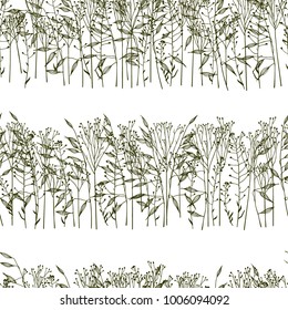 Vector seamless pattern with hand drawn meadow grass. Ink drawing, graphic style.