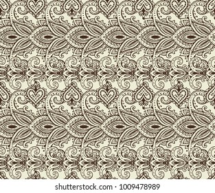 Vector seamless pattern with hand drawn henna mehndi floral elements. Beautiful endless background in oriental indian style