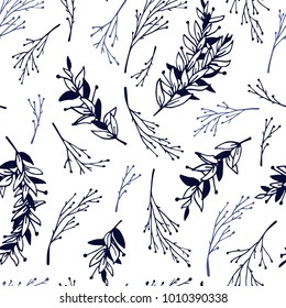 Vector seamless pattern with hand drawn leaves. Ink drawing, graphic style, perfect for prints and patterns