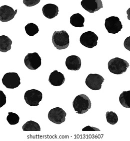 Vector seamless pattern with hand drawn black watercolor polka dots. Isolated on white. Clipping paths included.