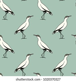 Vector seamless pattern with hand drawn cute sandpipers. Beautiful animal design elements, ink drawing.